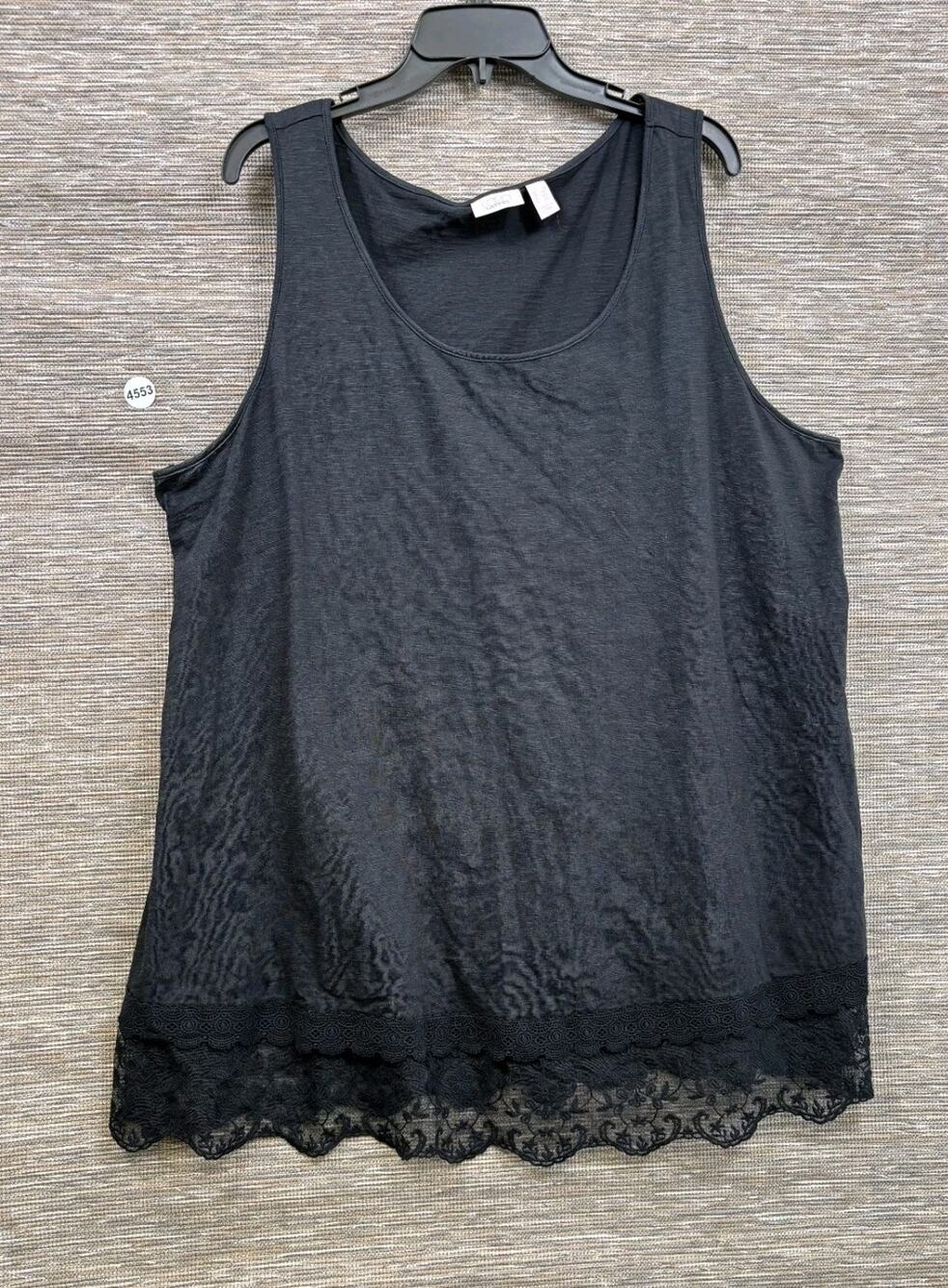 LOGO Layers by Lori Goldstein Cotton Slub Tank with Lace Hem Size 2X Black